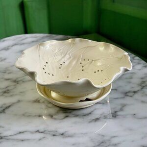 Studio Pottery 10" Fruit Bowl Strainer on Foot with Matching Creamware Plate Art